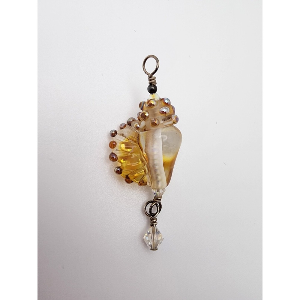 Handcrafted Lampwork Glass Conch Seashell Pendant Iridescent Amber Crystal Beach